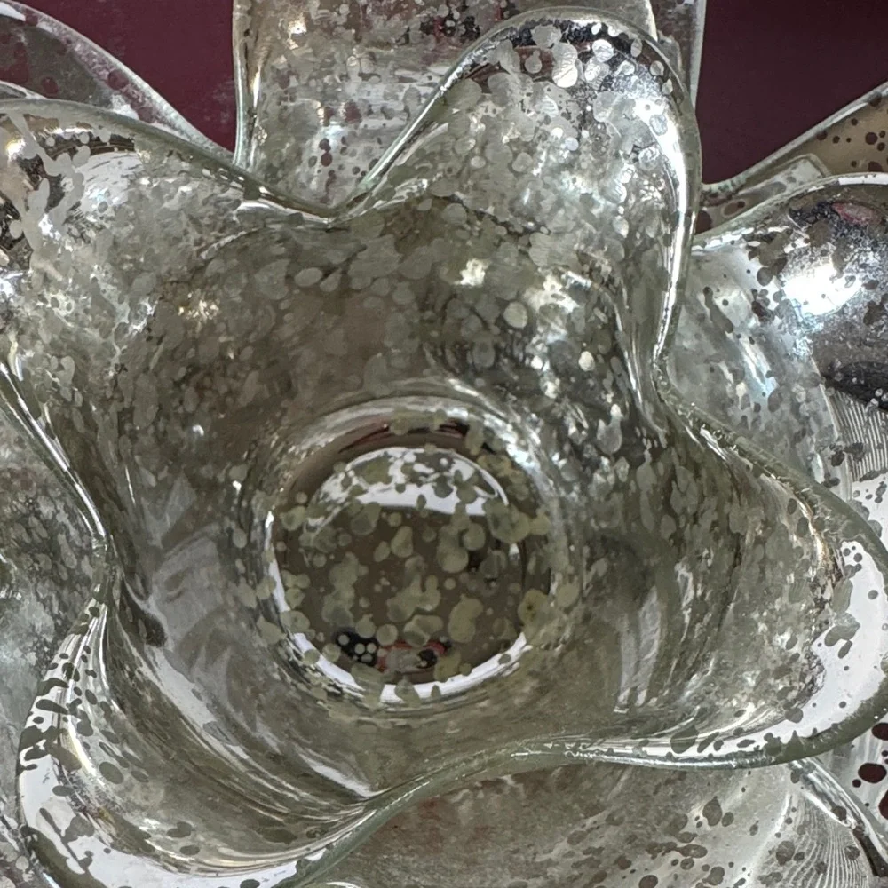 Vintage 2 piece Petal Glass Votive Candle Holder: Silver Splatter Paint Diameter